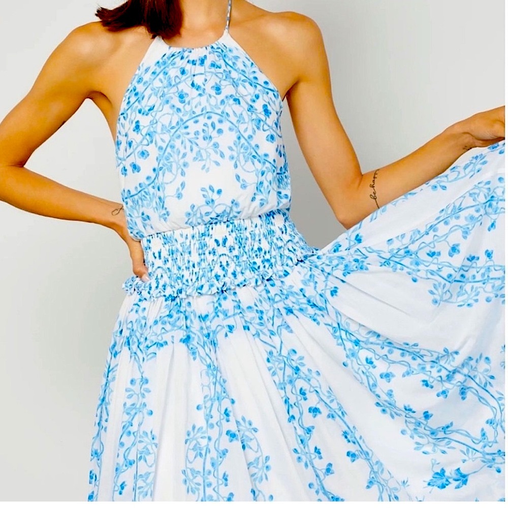 BCBGMAXAZRIA Blue White Halter Midi Dress Size M Floral Summer Chic